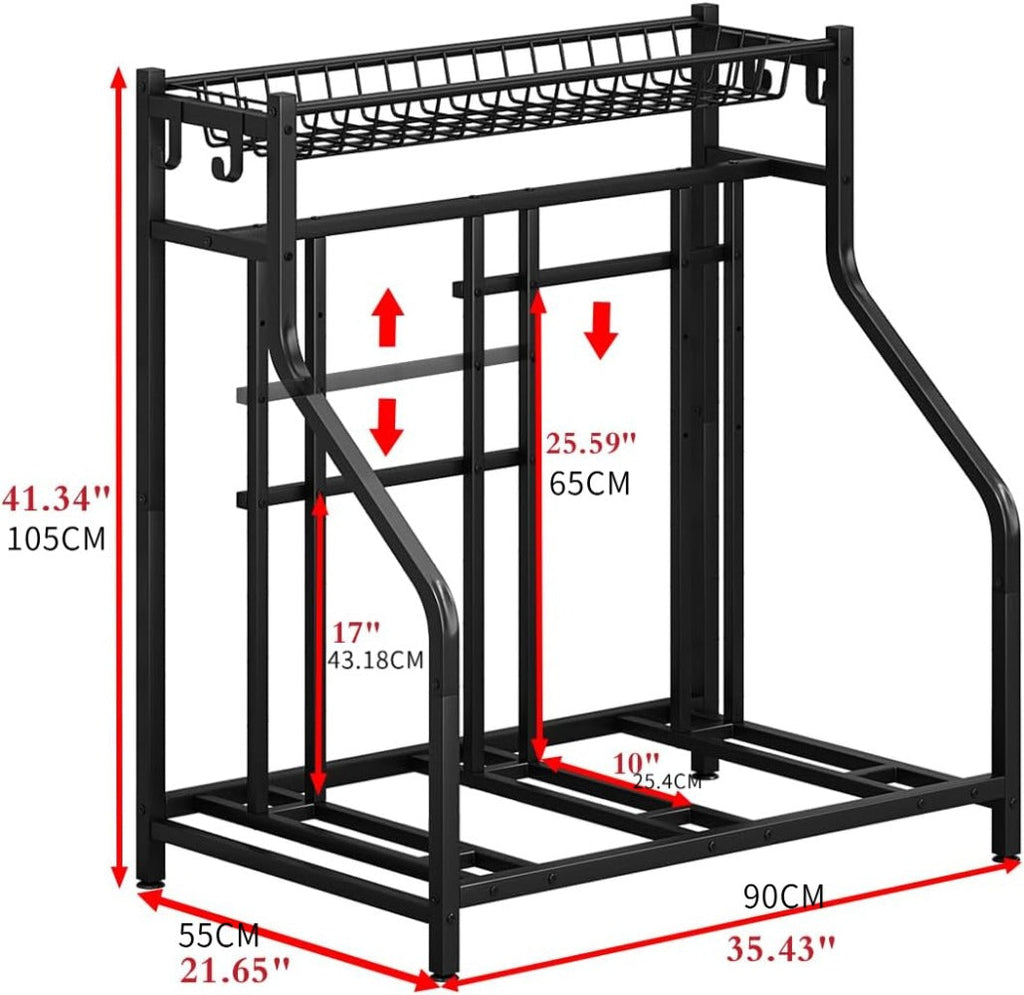 Freestanding Bike Storage Stand with Basket & Hooks ¨C Adjustable Floor Rack for 3-4 Bikes, Indoor Outdoor Garage Organizer