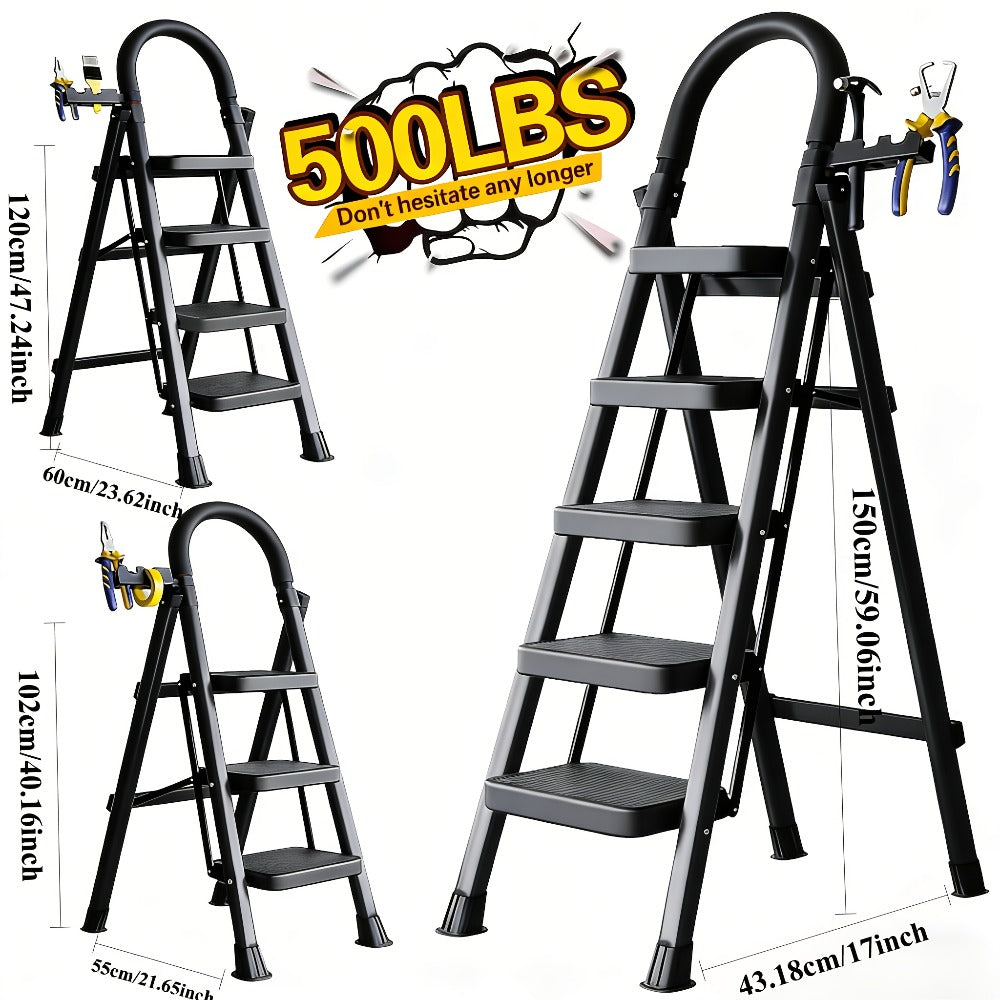Folding Step Stool Ladder 500lbs Heavy Duty Steel with Anti-Slip Wide Treads & Handrails ¨C Safety Lock, Portable Multi-Step Ladder for Home, Kitchen & Outdoor Use, Mini / Medium / Large