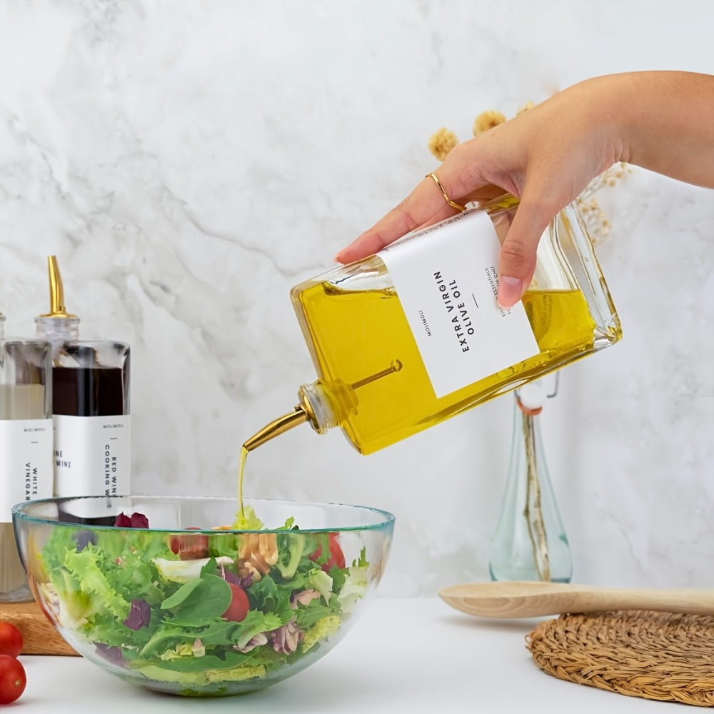 Glass Oil Dispenser Bottle 350ml - Olive Oil Vinegar Soy Sauce Coffee Syrup Dispenser for Kitchen, Rectangular Stable Design, Set of 2 or 4, Gold Silver Black White
