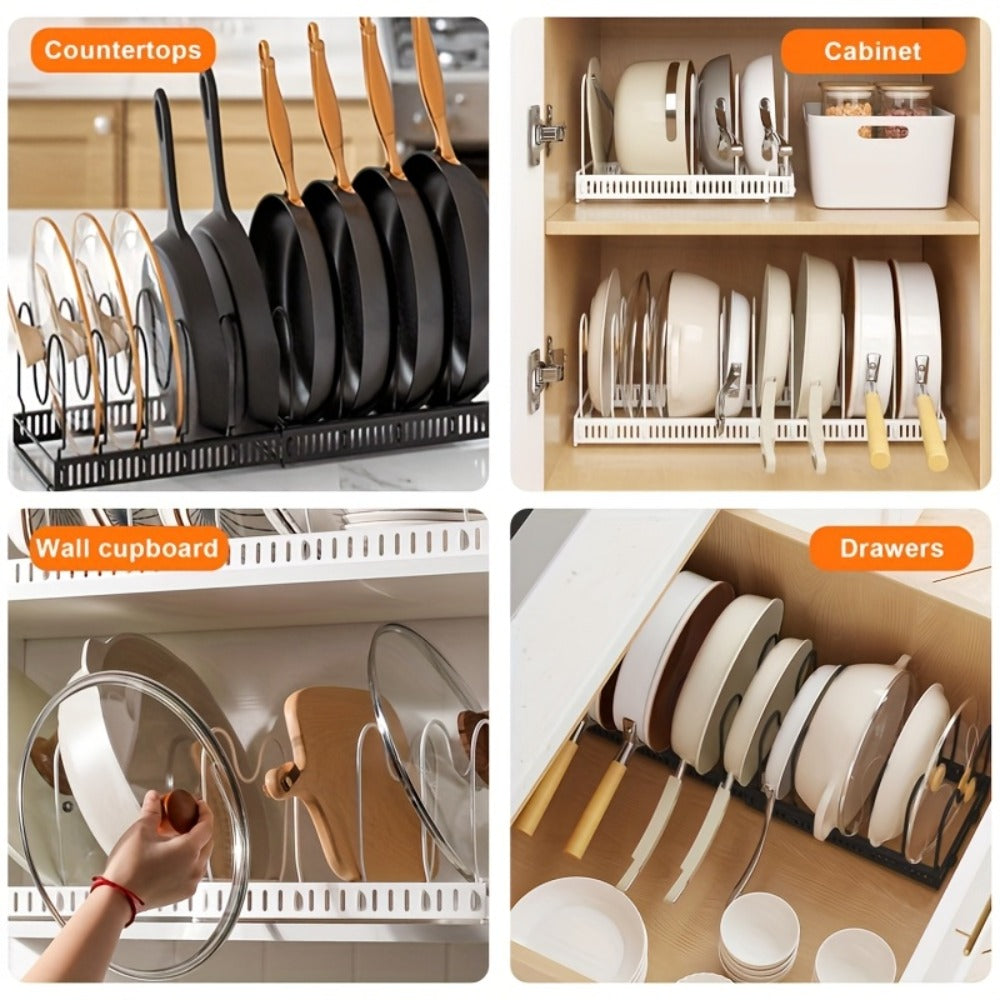 13-Shelf Metal Kitchen Storage Rack Organizer ¨C Extendable Cookware & Utensil Shelf for Cabinet, Countertop, Sink ¨C Freestanding Kitchen Cabinet Organizer with Golden Tube Design