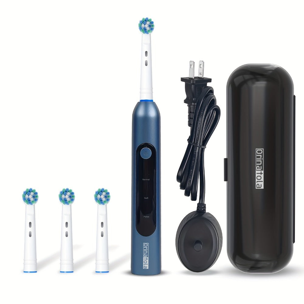 Electric Toothbrush with 3 Rotating Cleaning Modes - Induction Charging, 4 Replacement Brush Heads, Travel Case Included, Couples Toothbrush Set, Deep Plaque Removal, Holiday Gift, Black Purple Blue
