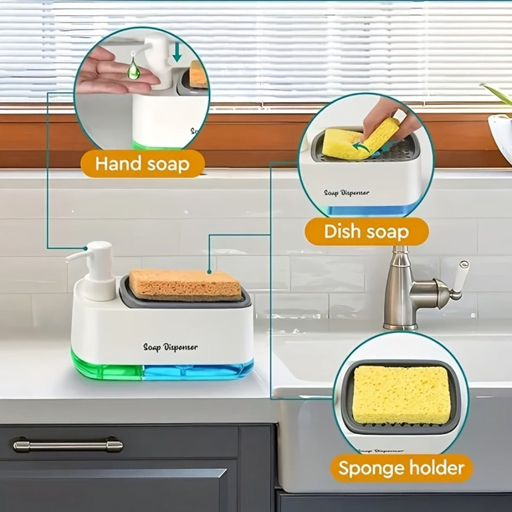 Soap Dispenser with Sponge Holder 2-in-1 - Countertop Dish Soap Pump Dispenser and Sponge Caddy for Kitchen Sink, Multi-Functional Detergent Dispenser with Built-In Sponge Holder, Available in White and Black Upgraded Version