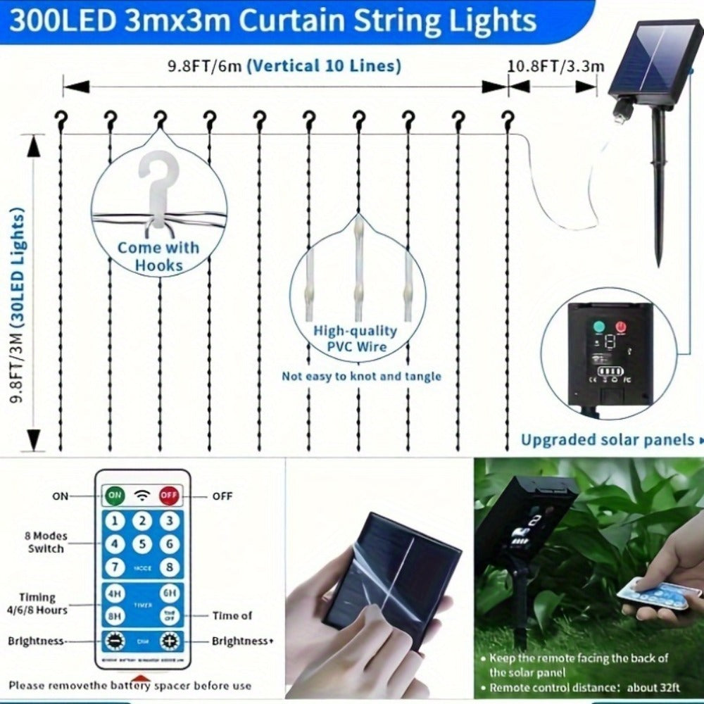 Solar String Lights Outdoor 300 LED Waterfall Fairy Lights, USB Rechargeable with Remote Control, Twinkling Warm White Color White, for Patio Gazebo Garden Backyard Tree Wedding Party Decoration