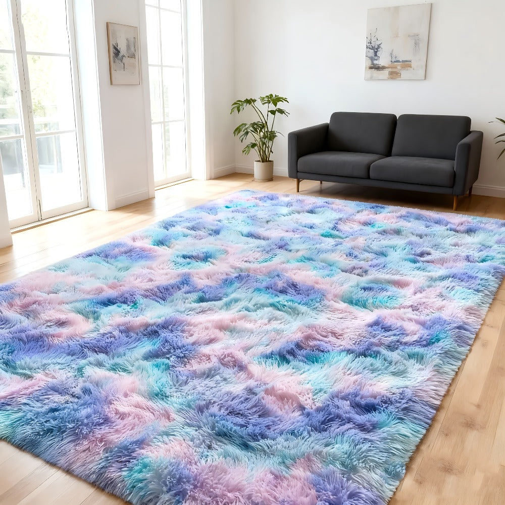 Tie Dye Rainbow Purple Shag Area Rug Non-Slip Machine Washable Carpet Multiple Sizes Living Room Bedroom