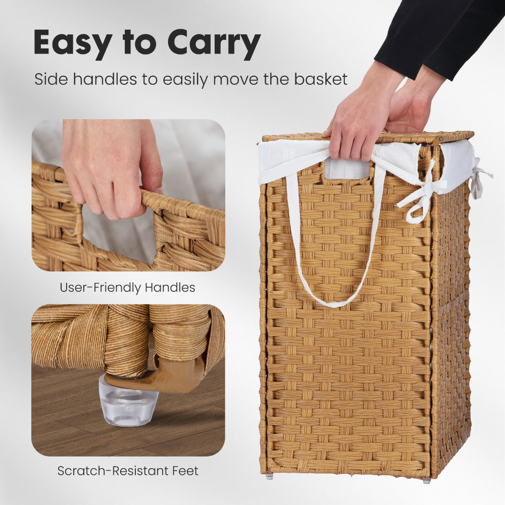 Laundry Hamper with Lid Large Capacity Woven Rattan Storage Basket, Collapsible Clothes Hamper with Handles & Removable Liner, Foldable Breathable Wicker Basket for Bedroom Home Dorm, 2 Sizes