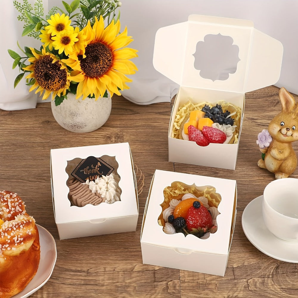 Treat Boxes 150pcs with Window | 4x4x2.5 Inch White Bakery Boxes | 3 Style Clear Window Gift Boxes for Dessert, Chocolate, Strawberries, Donuts, Cookies | Birthday Party, Wedding, Father's Day Packaging