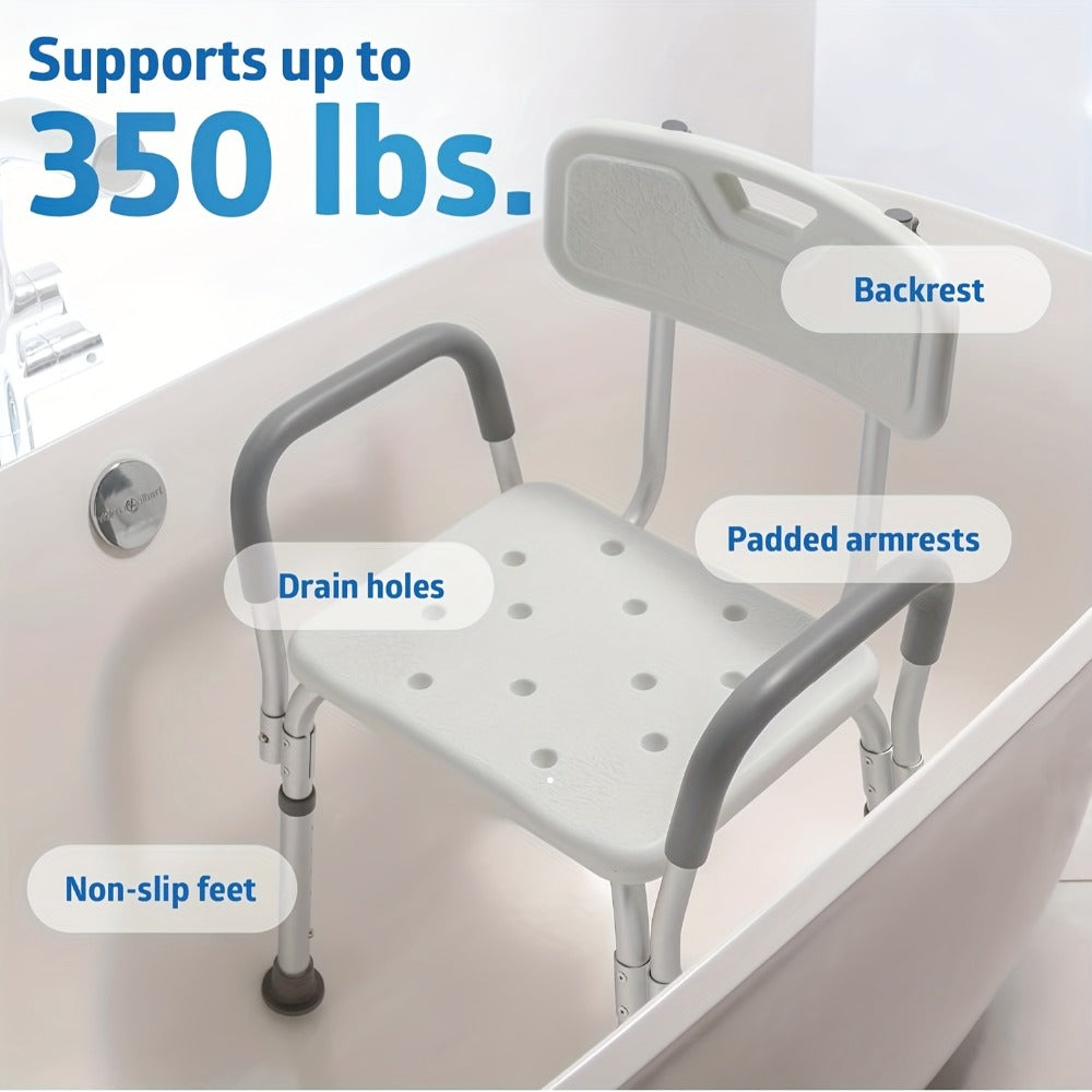 Shower Chair with Padded Armrests & Back - Heavy Duty Bath Seat 350 lb Capacity, Adjustable Height, Non-Slip Base, Lightweight Aluminum Frame for Elderly, Seniors & Disabled