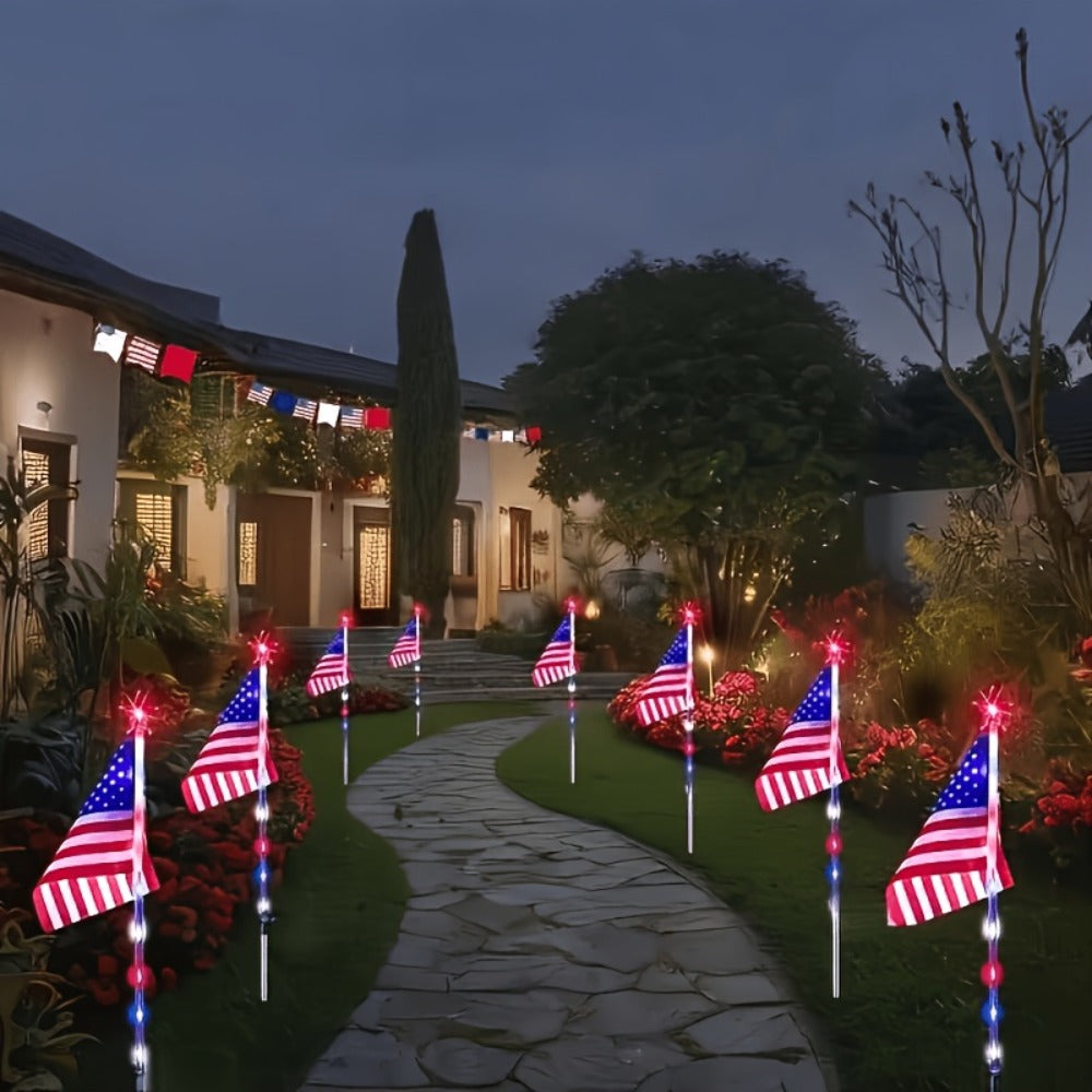 4th of July Solar Ground Stake Lights | Red White Blue National Flag Outdoor Lights 8 Modes | Solar Walkway Lights for Independence Day Memorial Day Porch Patio Garden Decor