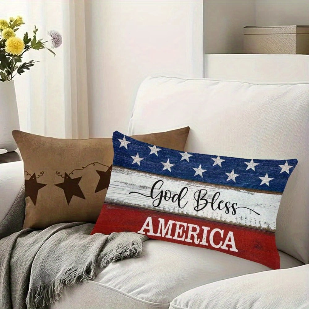 4th of July Throw Pillow Cover 12x20 Inch, God Bless America Patriotic Red White Blue Linen Cushion Case Star Pattern Distressed Wood, Boho Home Decor for Independence Day Memorial Day