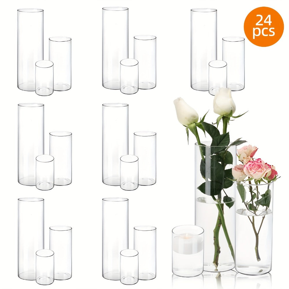 Clear Glass Cylinder Vases 24pcs Bulk Set - 4, 8, 12 Inch Tall Flower Vases for Centerpieces, Hurricane Floating Candle Holder for Wedding Party Table Home Decor, Valentine's Day Gift