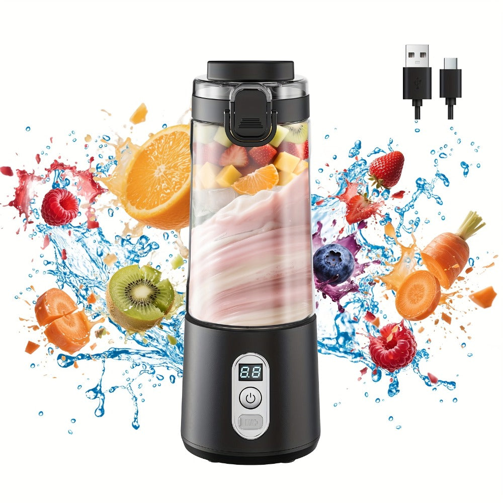 Portable Smoothie Blender USB-C Fast Charge 6-Blade Stainless Steel ¨C Digital Timer Battery Display High-Speed Ice Crush No-Spill Lid | Protein Shake Gym Travel Blender in Black Pink White