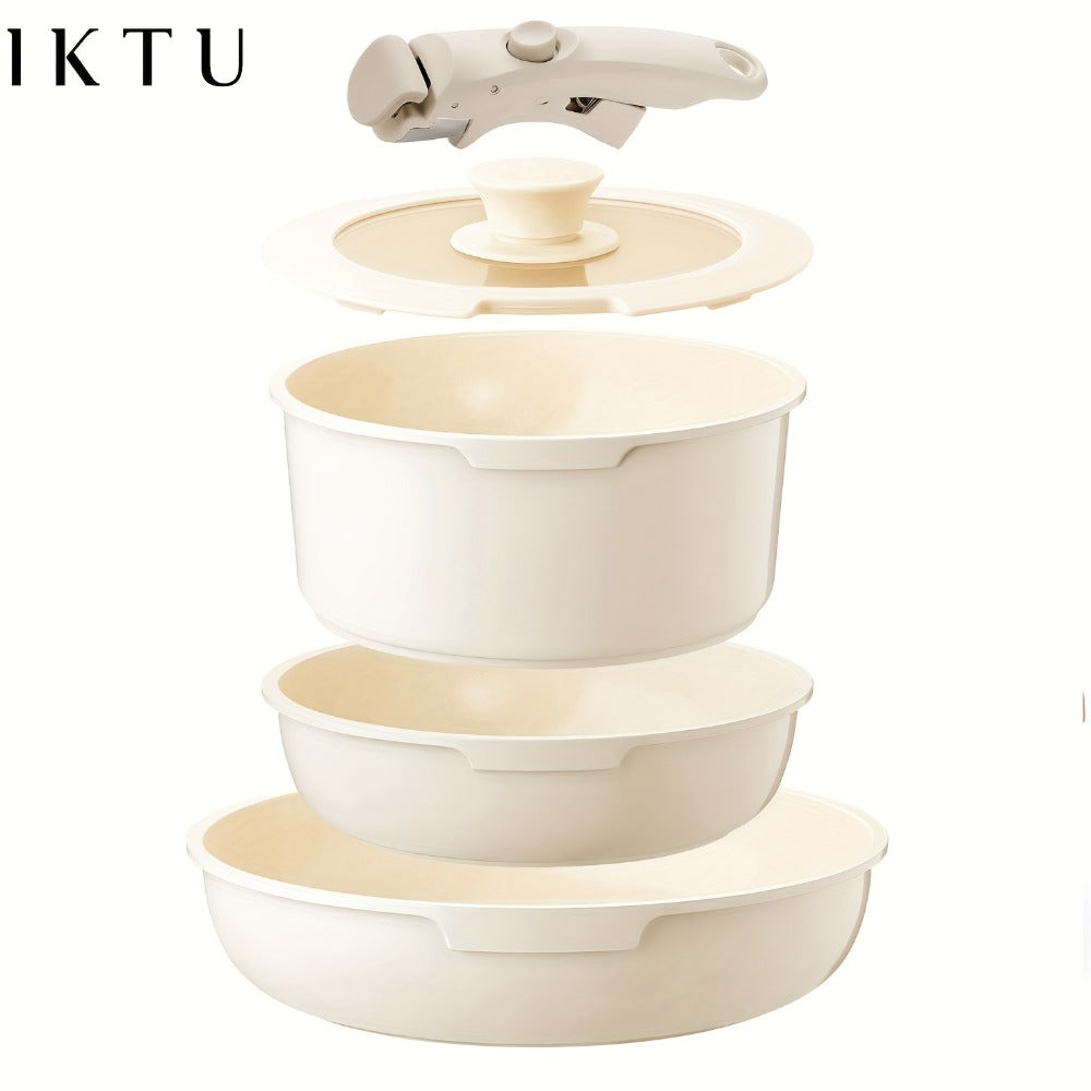 Nonstick Cookware Set 5-Piece Detachable Handle Aluminum Pots and Pans ¨C Space-Saving Stackable Induction Compatible | 8 & 10 Inch Frying Pan Soup Pot Universal Lid | White Pink Beige Coral Pink