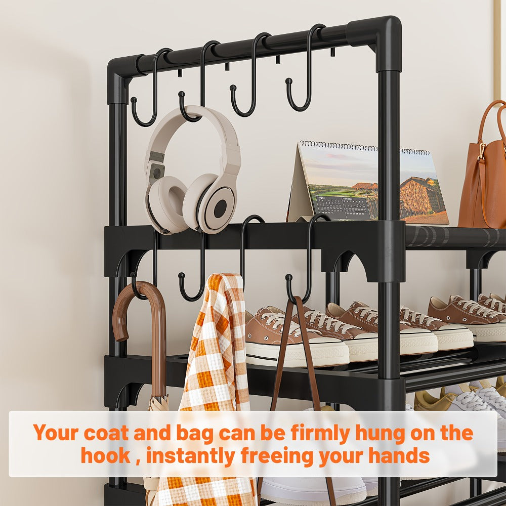 Large Metal Shoe Rack 4-Row 9-Tier Freestanding Shoe Organizer for Entryway Bedroom Hallway | 64-Pair Capacity Shoe Tower with Golden Tubes DIY Adjustable Shelves Space-Saving Vertical Shoe Storage
