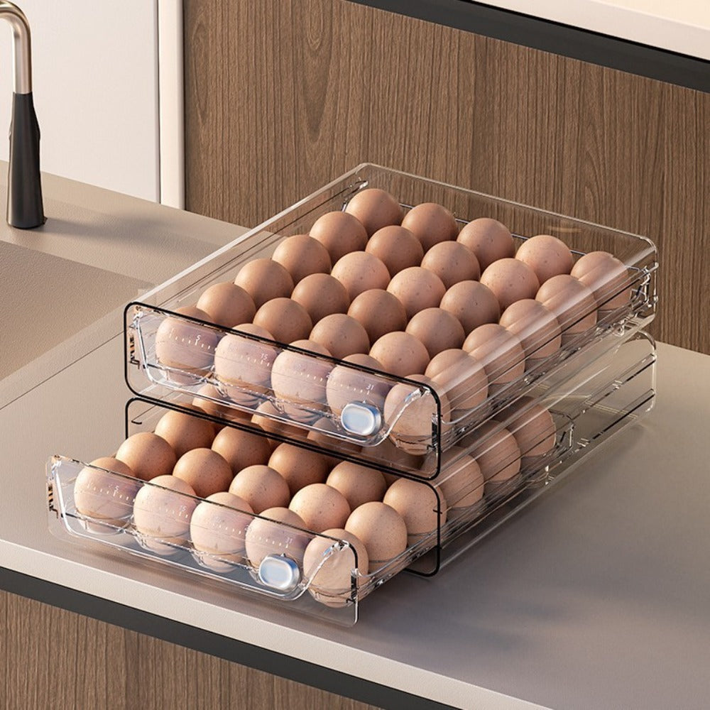 Egg Storage Box for Refrigerator 40 Eggs - Transparent Double-Layer Drawer Style Egg Container, Fresh-Keeping Stackable Egg Holder for Fridge, Kitchen Egg Organizer with Lid
