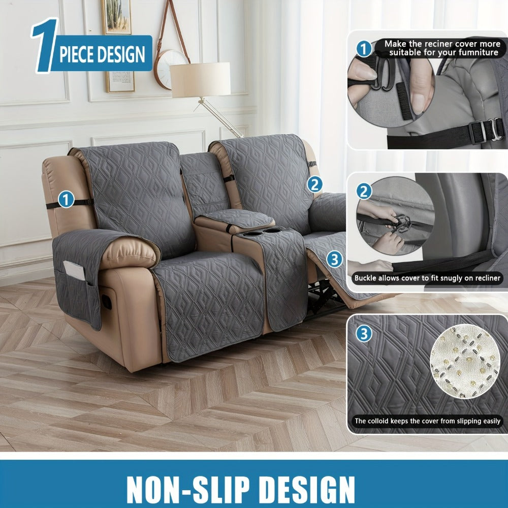 Recliner Loveseat Cover 4 Piece Set Waterproof Split Dual Recliner Sofa Slipcover with Center Console Cover & Straps - Pet Friendly Furniture Protector, Knit Polyester, 8 Colors, Black Grey Beige Navy