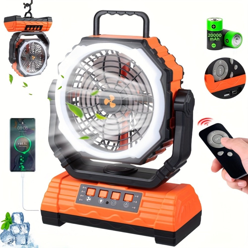 Portable Camping Fan with Dual Motors LED Light & Remote Control, Solar Powered Outdoor Fan with Hook for Tent Work Site Power Outage, Camping Accessories