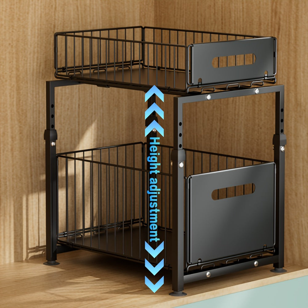 Under Sink Organizer 2-Tier Pull Out - Adjustable Height Carbon Steel Cabinet Storage Shelf for Kitchen and Bathroom, Space Saving Sliding Drawer Rack for Cleaning Supplies Pots and Toiletries, Heavy Duty Under Cabinet Organizer Available in 1 or 2 Pack