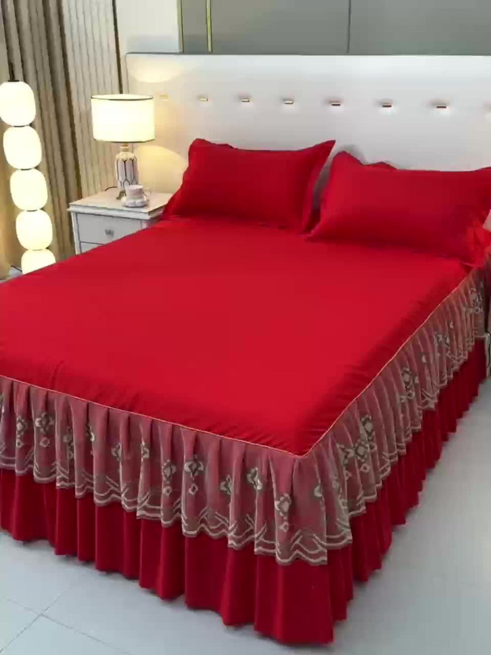 Macrame Lace Bed Skirt Set 3pcs ¨C Double Layer Non-Slip Bed Skirt with 2 Pillowcases All Seasons Twin Full Queen King
