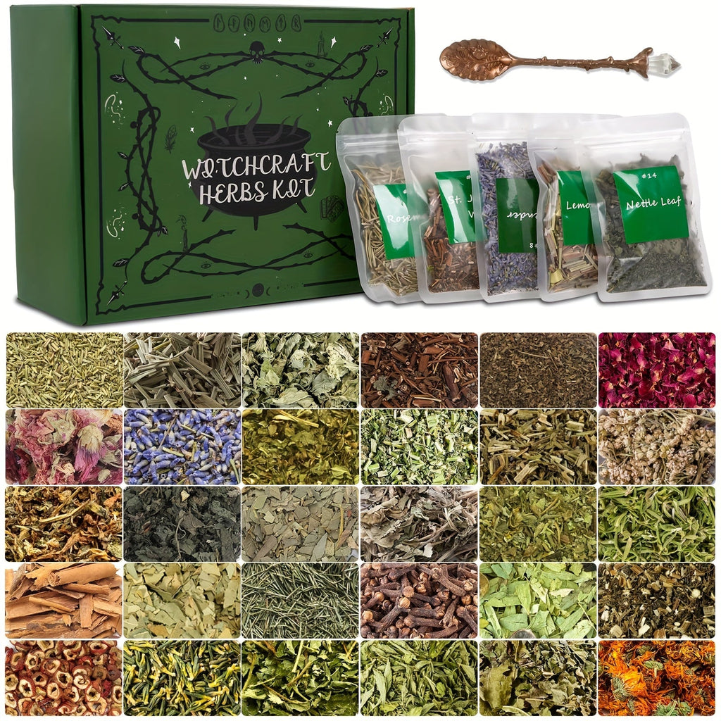 Dried Herbs Kit 30 Packs for Wicca Witchcraft Rituals Altar Supplies Magic Spells with Metal Spoon Witch Starter Set Halloween Gift for Her Him