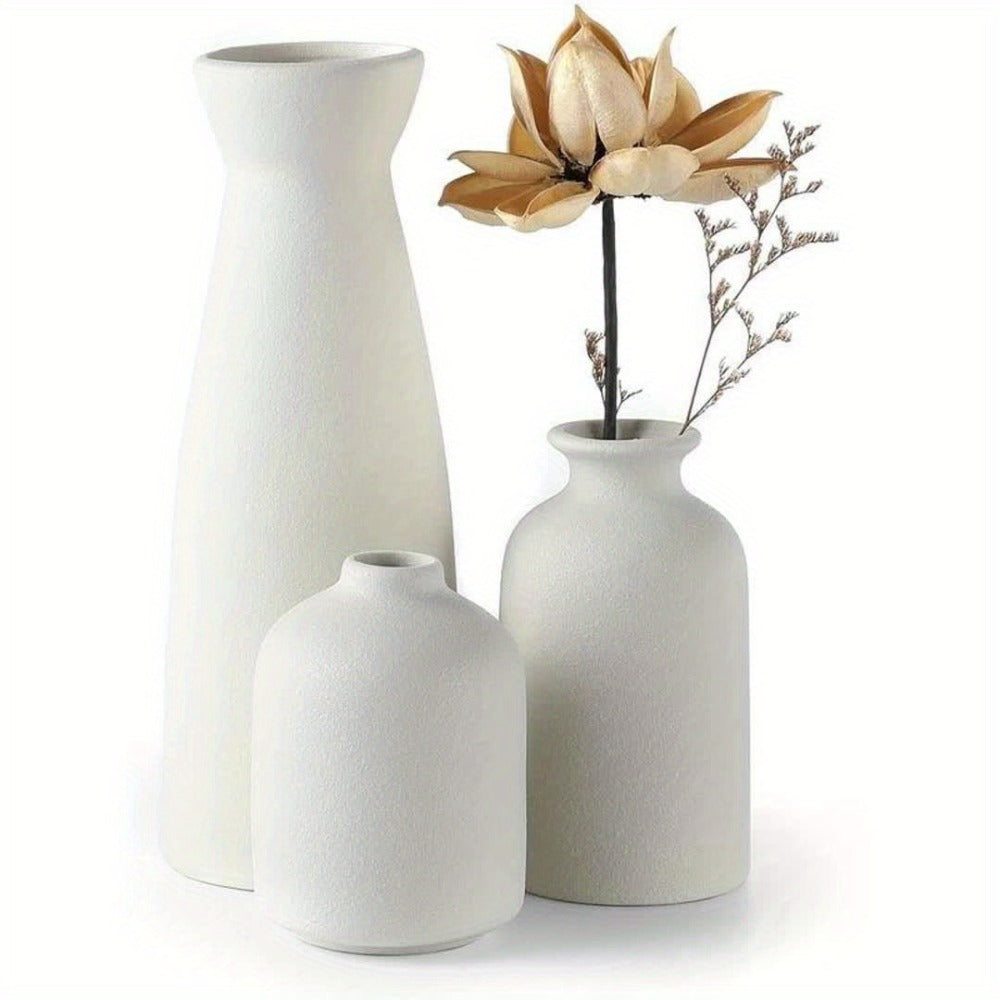 Boho Ceramic Vase Set 3pcs - Matte Nordic Minimalist Geometric Floral Design for Home Decor, Living Room, Entryway, Bookshelf & Bathroom Vanity, Modern Bohemian Decorative Vases, Holiday Gift
