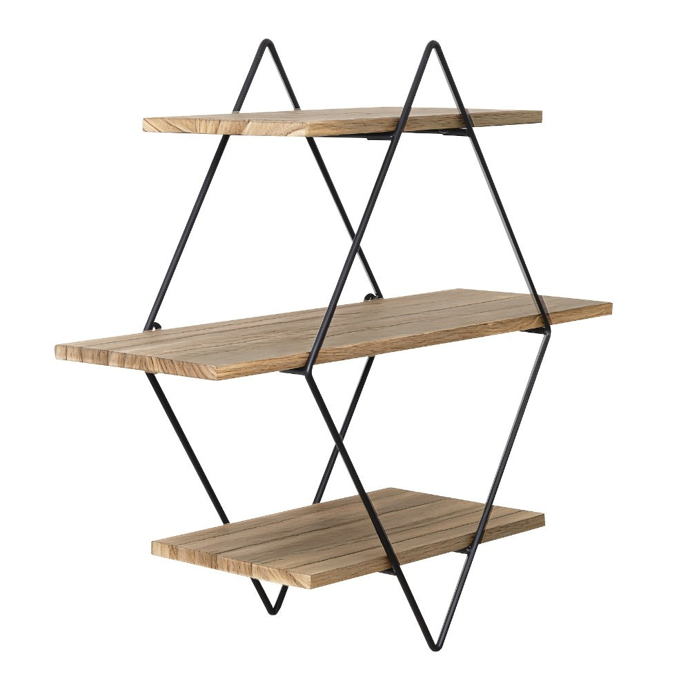 Geometric Diamond Wall Shelf 3-Tier Metal Wire & Wood Floating Shelves | Industrial Style Display Shelf for Living Room Kitchen Bedroom