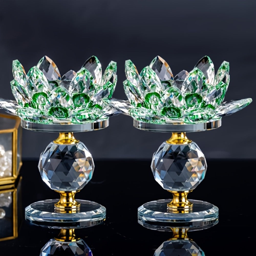 Crystal Lotus Candle Holder 2pcs, Polished Decorative Lotus Candleholder for Tea Light & Pillar Candles, Elegant Home Decor Centerpiece for Christmas, Thanksgiving, Halloween, Easter & Hanukkah ¨C Green, Purple, Blue, Pink