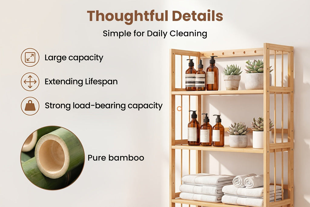 Bamboo Bookshelf Narrow 4 Tier Adjustable Shelves Wooden Bookcase Storage Shelf Organizer for Small Spaces Bedroom Living Room Home Office Standing Shelf