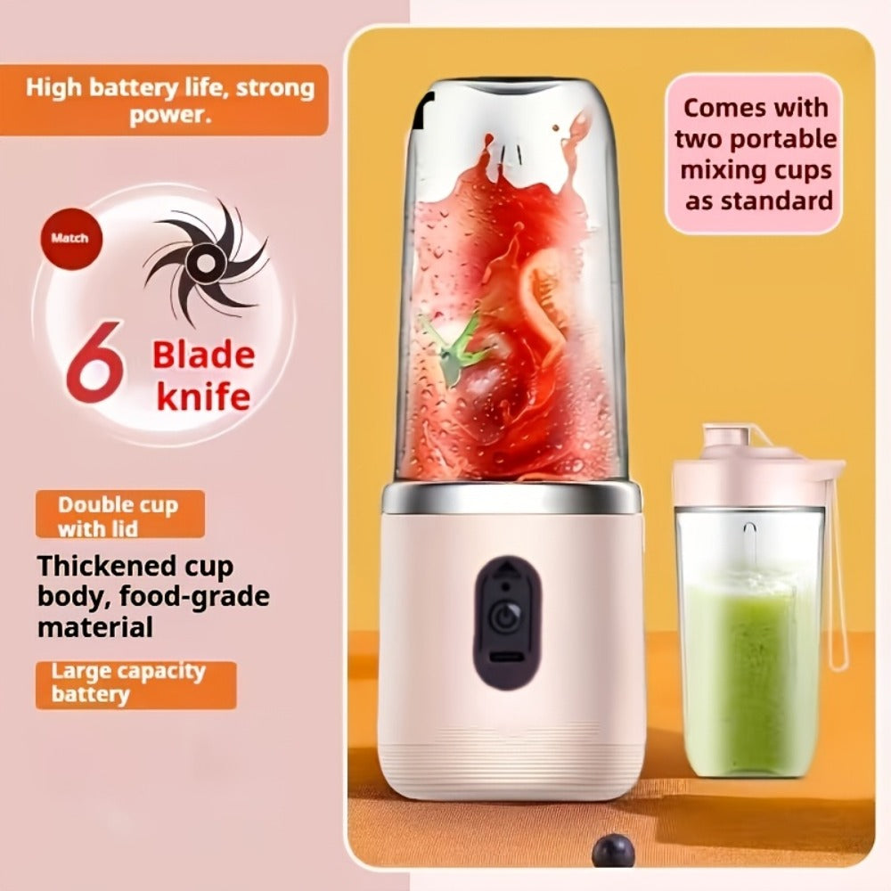Portable Wireless Juicer Blender Double Cup - USB Rechargeable 6-Blade Mini Blender with 1500mAh Battery, Multifunctional Smoothie Maker for Home, Travel, Gym & Outdoor, Blue & Pink