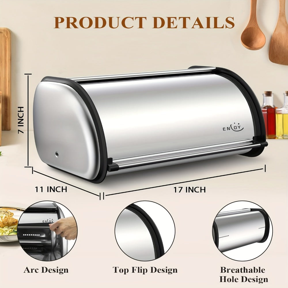 Stainless Steel Roll Top Bread Box 13 Inch - Countertop Bread Storage Container with Lid, Keeps Bread Fresh & Insect-Free, Holds Large Loaves, Bagels, Muffins