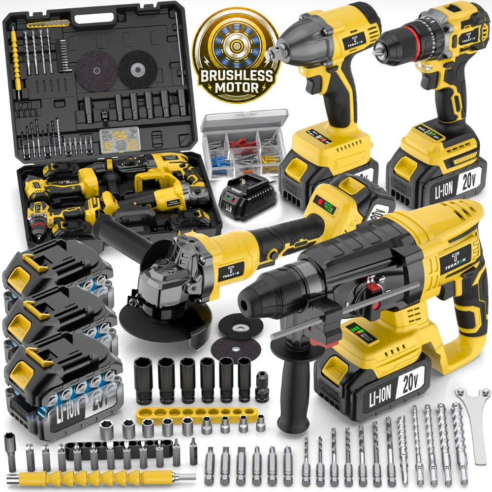 20V Brushless Power Tool Combo Kit | 4-Tool Cordless Set with Impact Wrench, Hammer Drill, Angle Grinder & Electric Drill ¨C 3 Batteries Included for Home Renovation & Construction