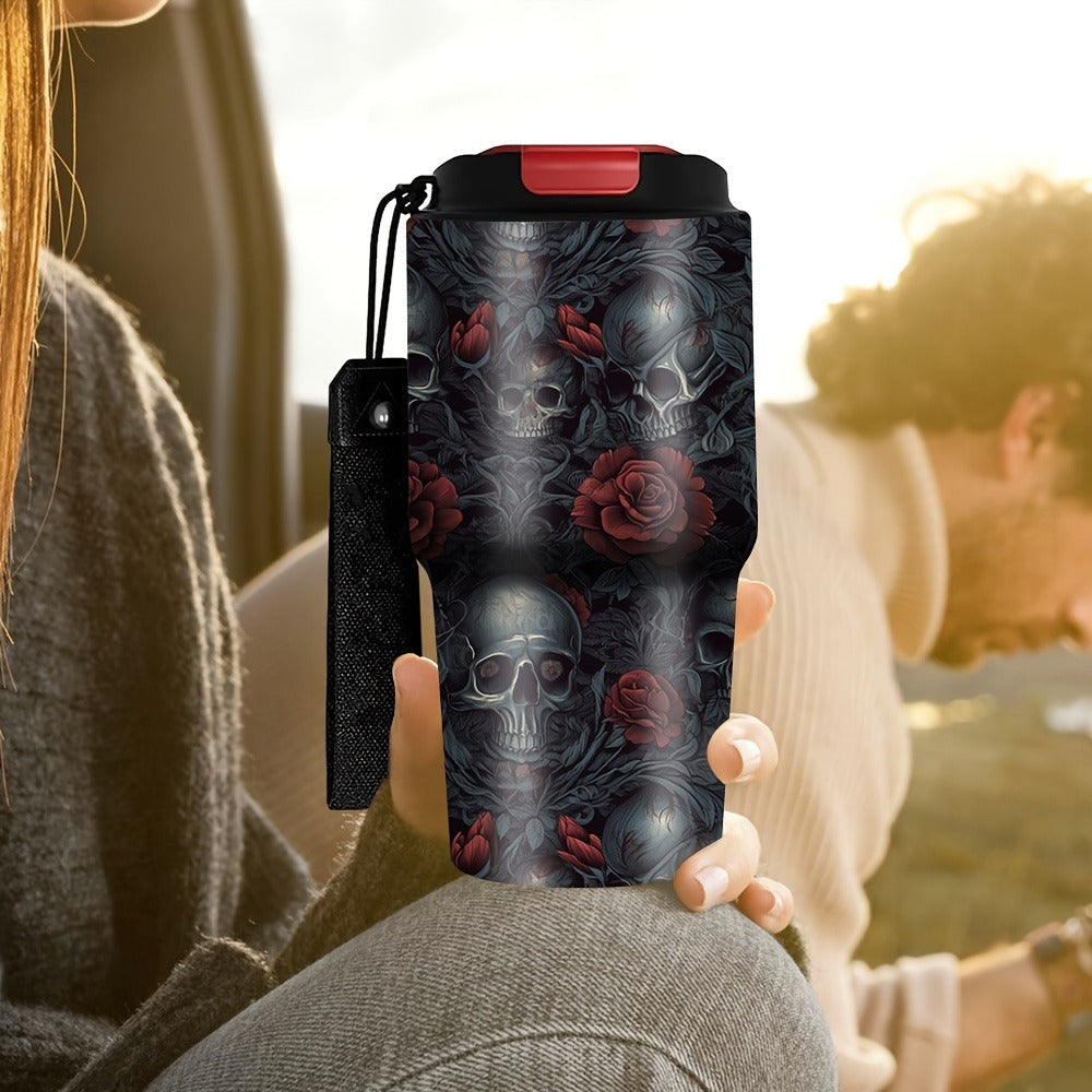 Insulated Tumbler 20oz Gothic Skull & Roses Stainless Steel Travel Mug with Carrying Strap, Coffee Cup Water Bottle for Camping Travel Halloween Gift