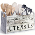 Wooden Kitchen Utensil Holder 3 Compartment Countertop Organizer, Rustic Wood Kitchen Tool Storage Box Wall Mounted or Countertop, Country Style Kitchen Accessories for Cook Bake Eat Tools