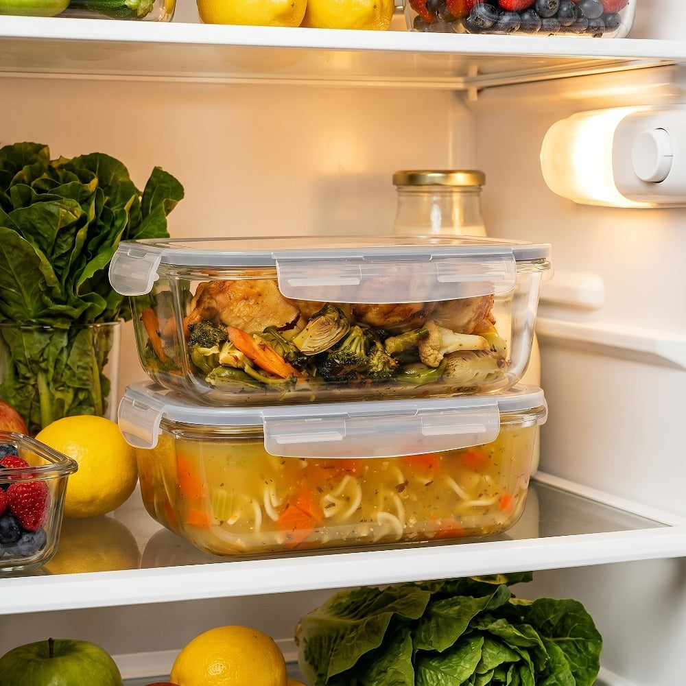 Glass Food Storage Containers with Lids 2 Pack ¨C 63oz Large Airtight Snap Lock Meal Prep Containers, Leak Proof Glass Dish with Lid for Oven, Microwave & Refrigerator, Food Transport Tubs