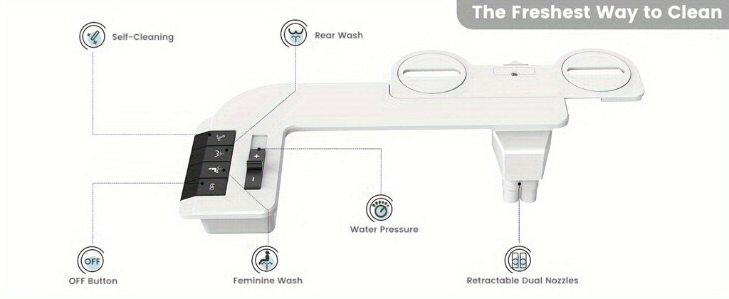 Bidet Attachment for Toilet - Dual Retractable Nozzle Non-Electric Self-Cleaning Fresh Water Bidet Sprayer, Adjustable Water Pressure, Fits Most Toilets, Brass T-Adapter & Metal Hose Included, Easy Install