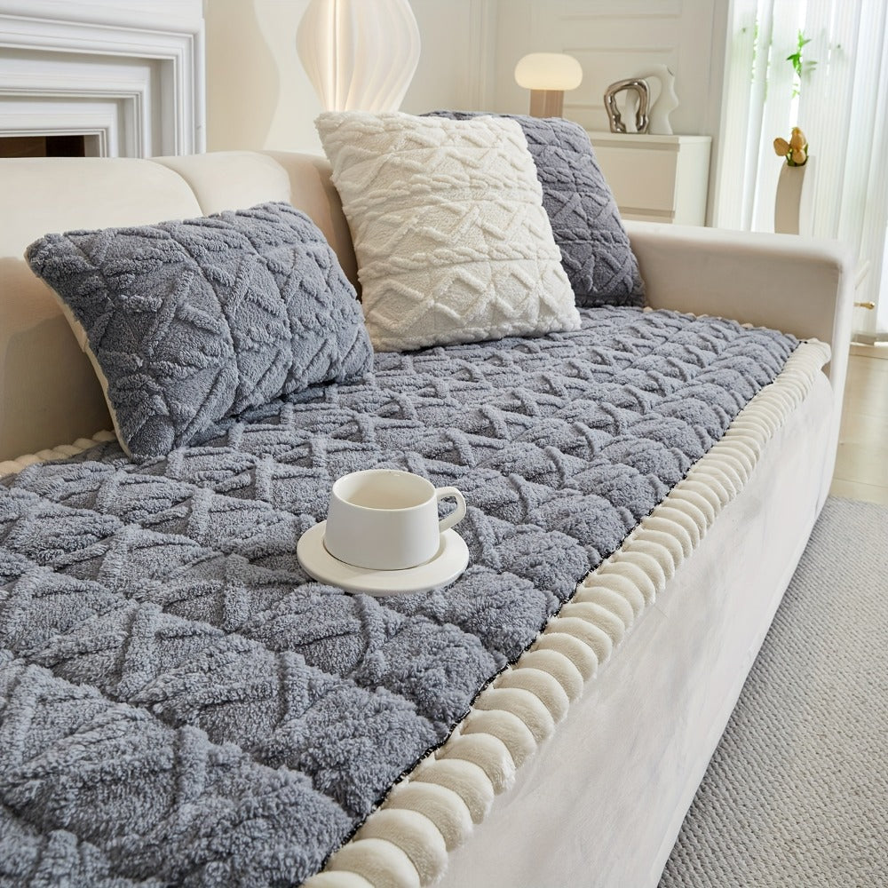 Bohemian Quilted Sofa Cover with Ruffles - 300GSM Shu Velveteen Anti-Slip Pet Friendly Machine Washable Plush Slipcover for Loveseat 3-4 Seater Sectional Sofa, 5 Colors