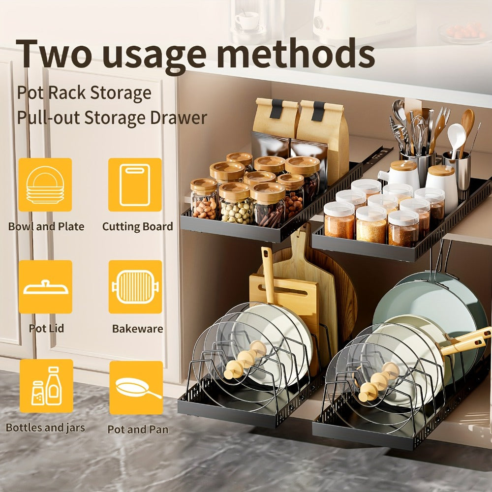 Pull Out Pot and Pan Organizer for Cabinet - Sliding Lid Rack with 8 Adjustable Dividers for Kitchen Cabinet Storage, Drill-Free Installation Pan Holder for Lids Baking Sheets and Cookware, Available in 1 or 2 Pack in Black or White
