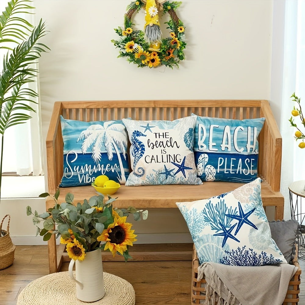 4pcs Ocean Beach Coastal Throw Pillow Covers 18x18in - Marine Life Shells Starfish Seahorse Turtle Decorative Pillowcase Set with Zipper Machine Washable for Summer Home Decor