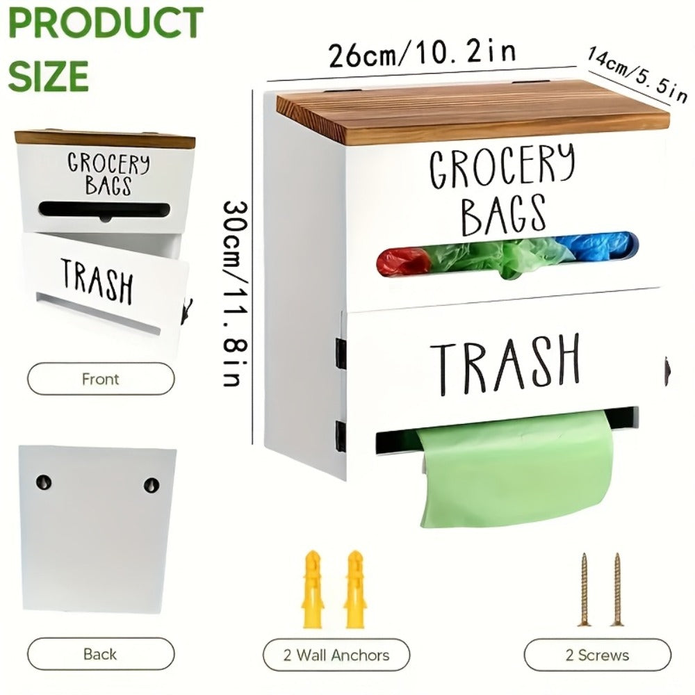 Garbage Bag Dispenser Wall Mount, Under Sink Organizer, Trash Bag Holder with Pull-Out Access, Kitchen Bag Storage Rack for Shopping Bags & Tissues, Space Saving Cabinet Organization