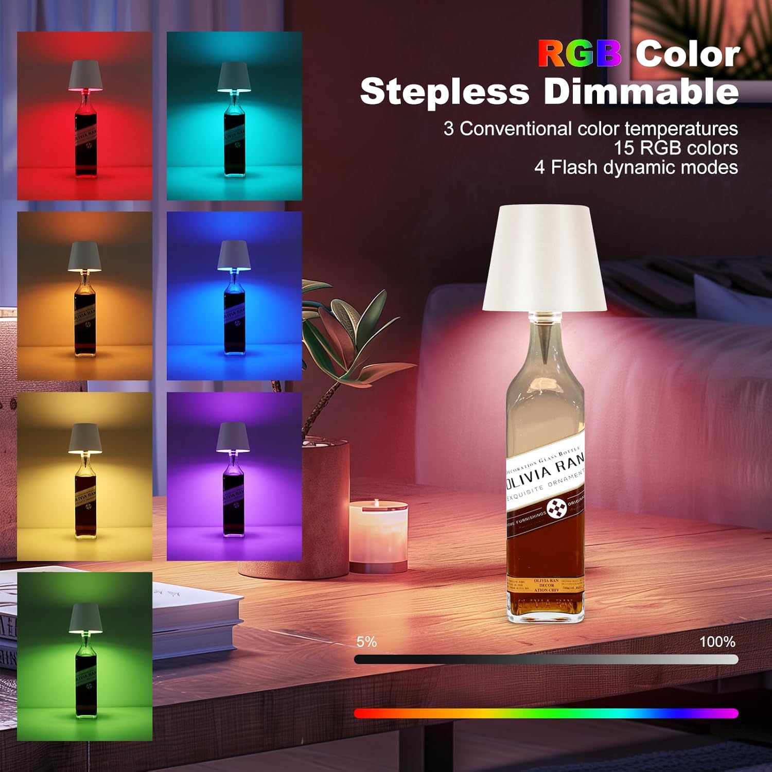 Rechargeable LED Bottle Lamp Table Lamp, 3 Color Temperatures, Touch Control Dimmable Bedside Light for Bedroom Dining Room Bar Desk ¨C Modern Minimalist Design