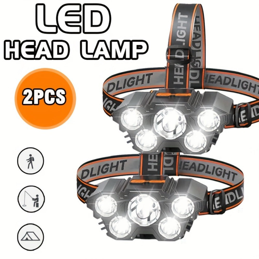 LED Headlamp 4pcs Set - Rechargeable Outdoor Headlamps with 4-Speed Dimming Adjustable Angle IP44 Waterproof Hands-Free Flashlight for Camping Hiking Fishing Mountain Climbing Emergency Use ABS