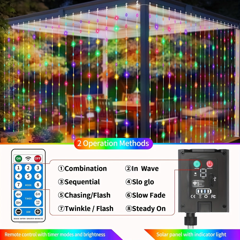 Solar Curtain Lights Outdoor 300 LED Waterfall Fairy String Lights with 8 Modes Remote Control USB Rechargeable Dimmable Timer for Christmas Gazebo Party Wedding Window Decor