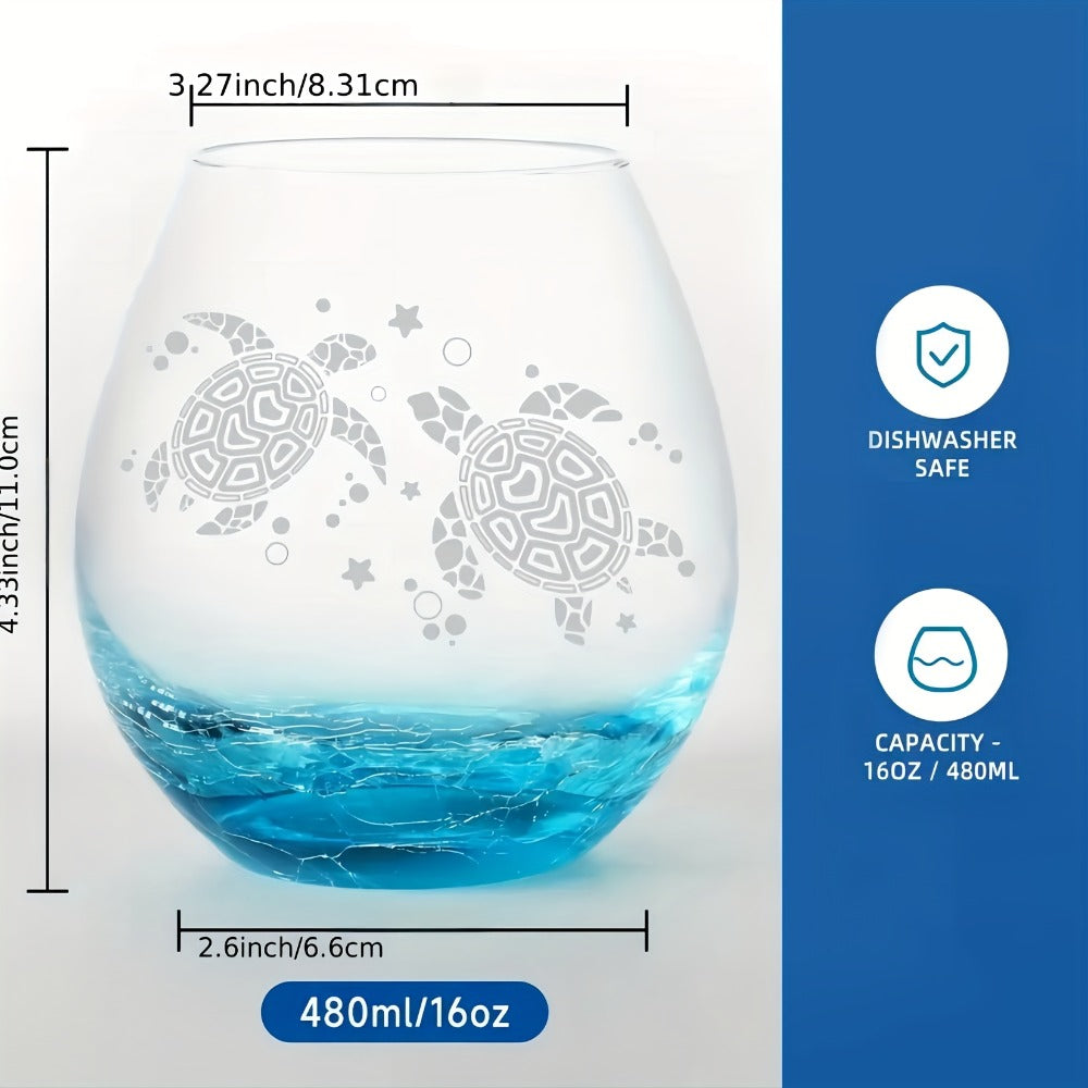 Sea Turtle Wine Glass Hand Etched Stemless 16oz Turquoise Crystal Glass Cup - Unique Wine Gifts for Women Ocean Beach Turtle Lovers Mom Wife - Sand Etched Art Gift Box Set for Birthday Christmas