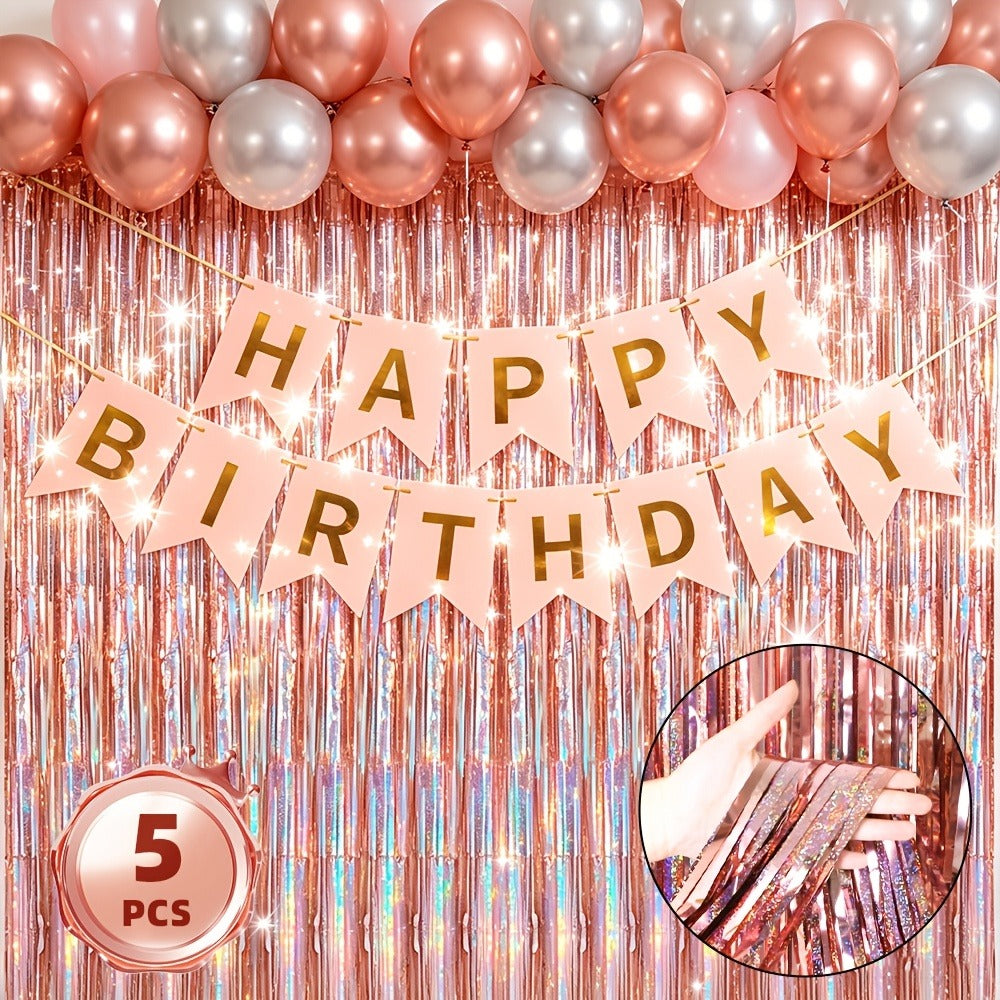 Metallic Tinsel Fringe Curtain Backdrop 5 Pack ¨C Shimmering Foil Streamer for Birthday Party Decorations, Wedding, Bachelorette, Engagement, Halloween, Christmas Holiday Celebration Photo Prop