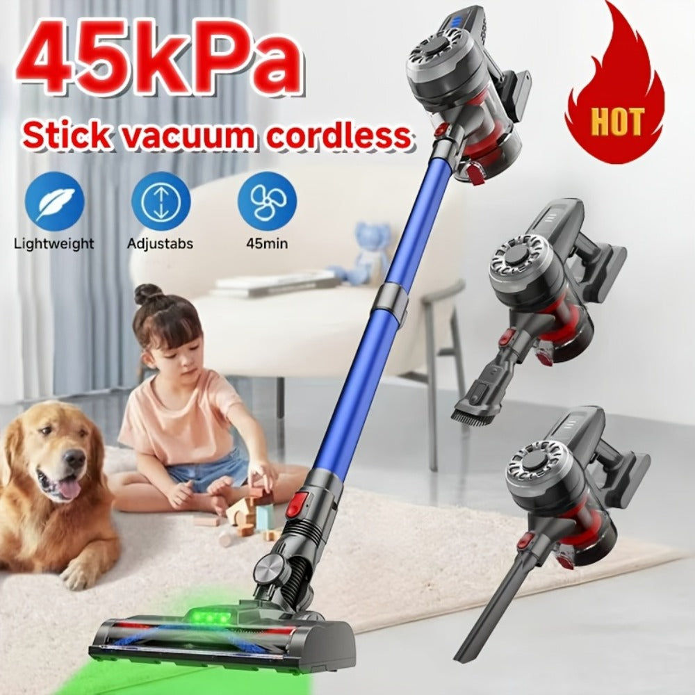 Cordless Vacuum Cleaner with Green Light Indicator, Brushless Motor Rechargeable Handheld Stick Vacuum for Home Car Carpet Pet Hair Hardwood Floor, 2L Dust Cup 45-Min Runtime Multi-Filter Portable Design