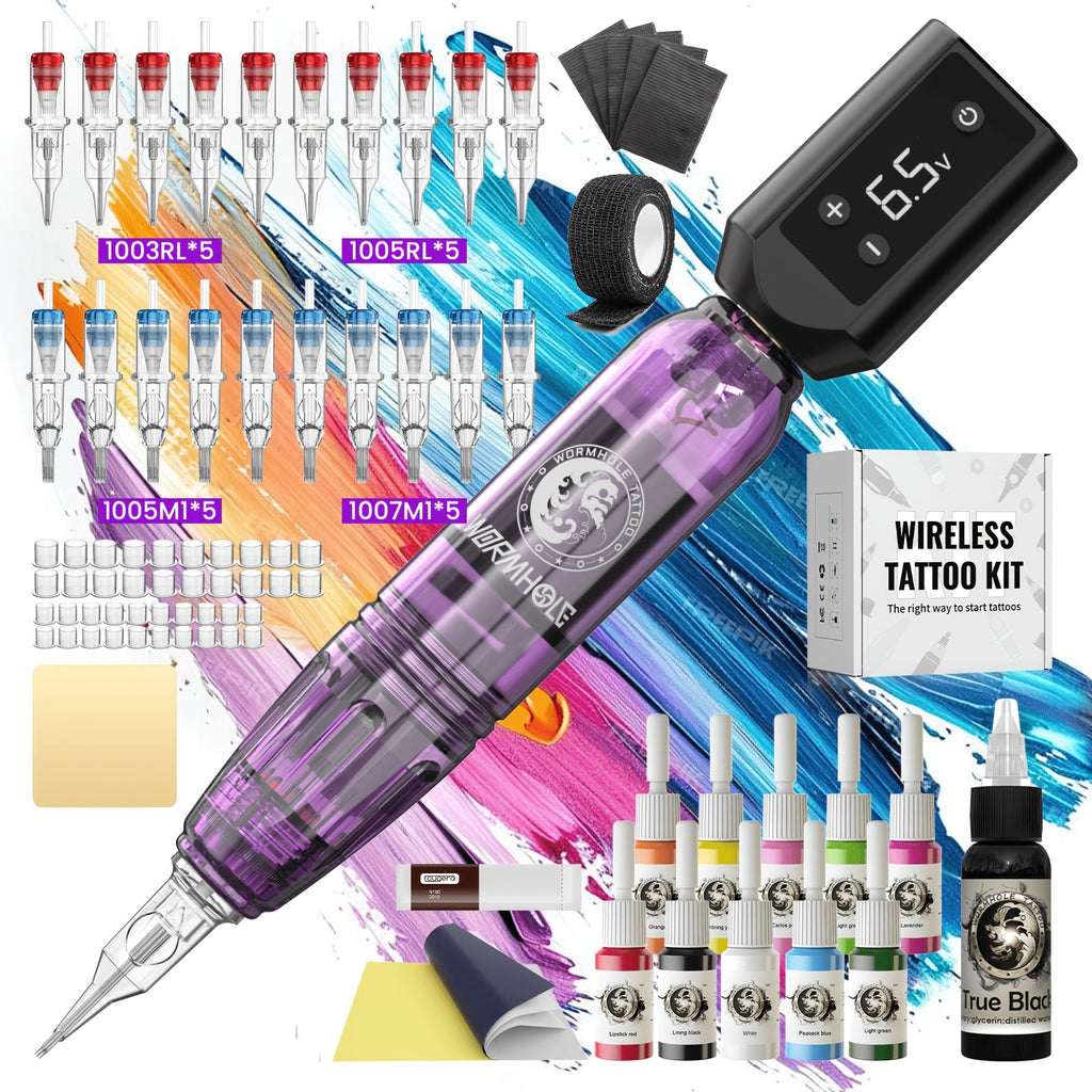 WORMHOLE Professional Wireless Tattoo Pen Kit ¨C All-in-One Beginner & Artist Set with 8000RPM Quiet Motor, 1200mAh Battery, Digital Display, Cartridge Needles, Inks & Practice Skin