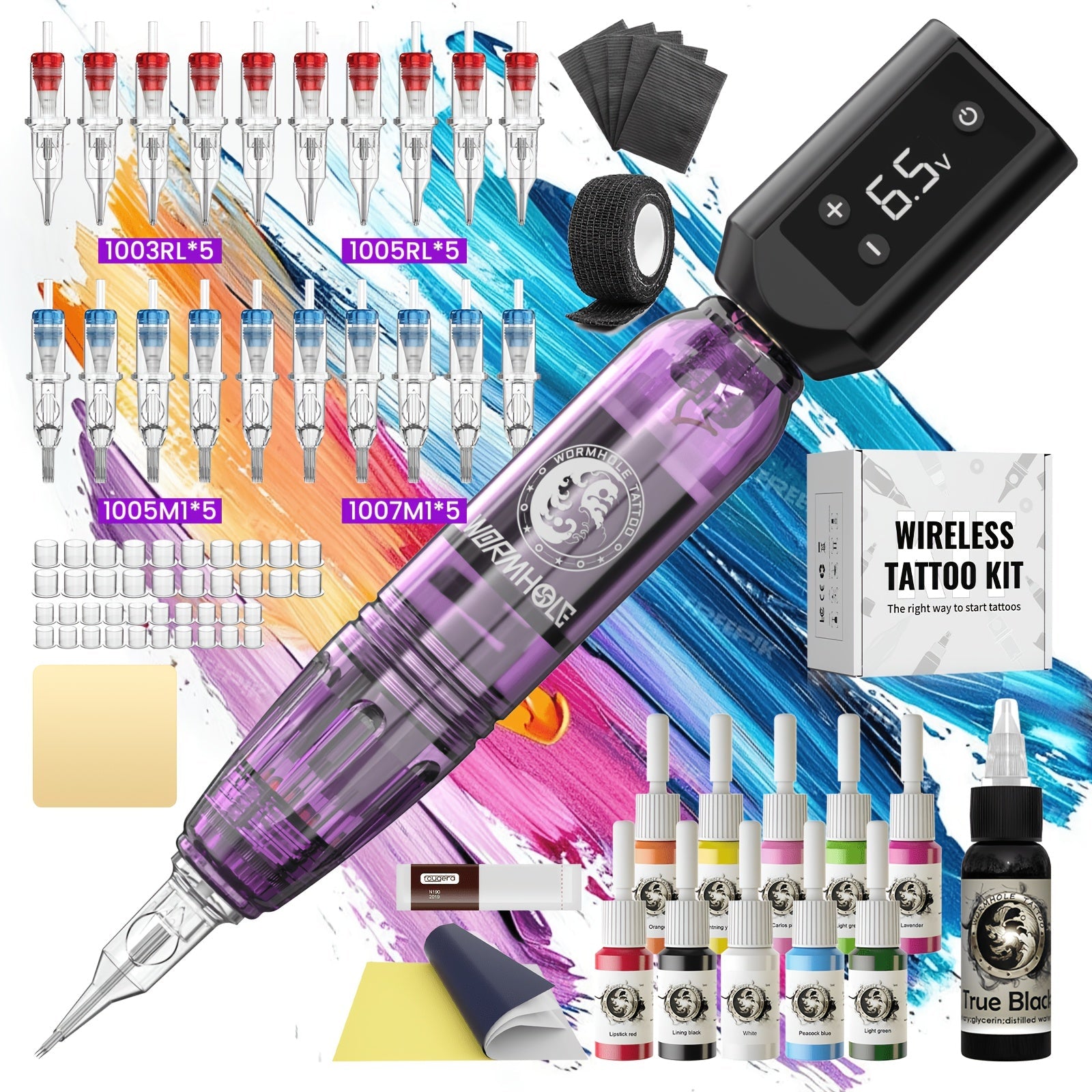 WORMHOLE Professional Wireless Tattoo Pen Kit ¨C All-in-One Beginner & Artist Set with 8000RPM Quiet Motor, 1200mAh Battery, Digital Display, Cartridge Needles, Inks & Practice Skin