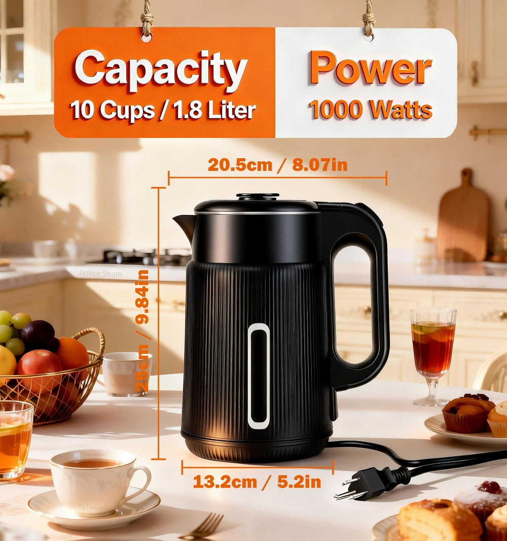 Electric Kettle 1000W Double Wall Stainless Steel ¨C 57.48oz 304 SS Hot Water Kettle with 360¡ã Rotary Base, LED Light, Auto Shut-Off & Boil-Dry Protection, Instant Water Warmer for Coffee & Tea ¨C Black