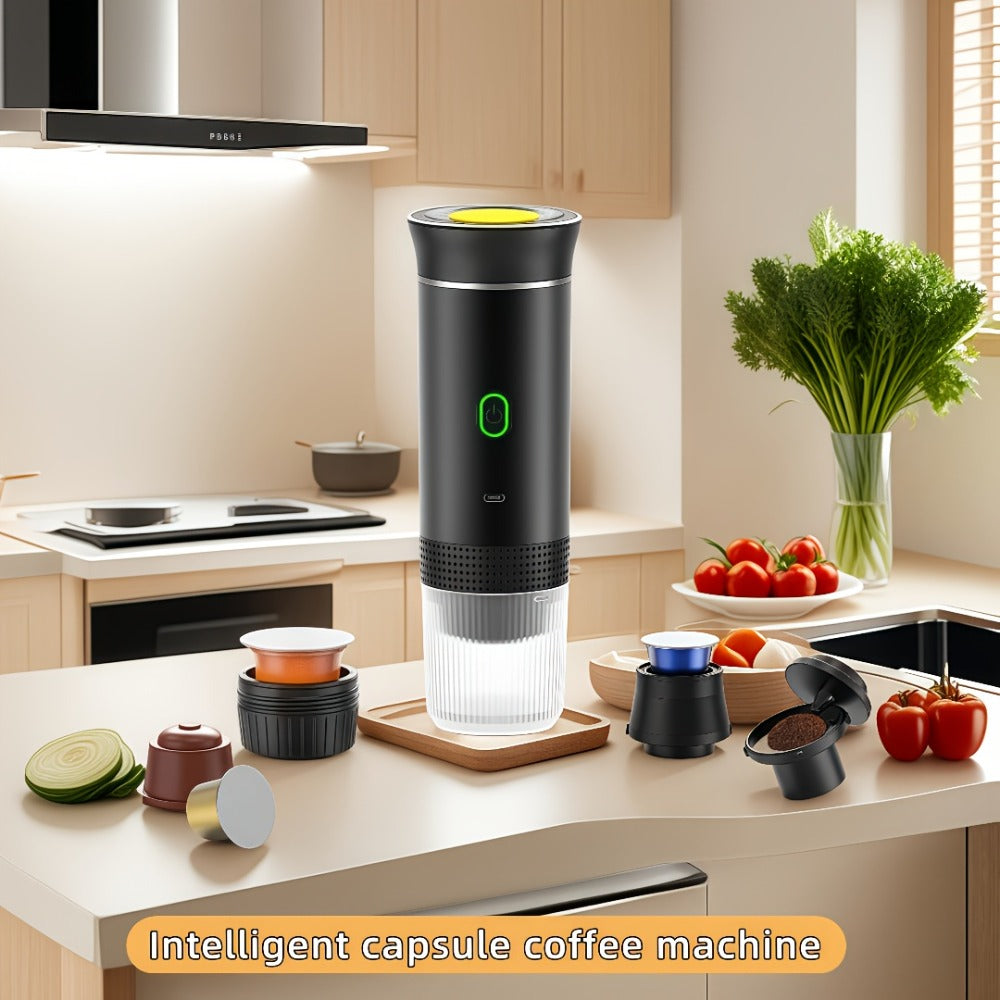 Portable Capsule Coffee Machine USB Rechargeable One-Touch Brewing Compact Automatic Espresso Maker for Travel Office Dorm Room Under 1L Stylish Transparent Design for Coffee Lovers Black White