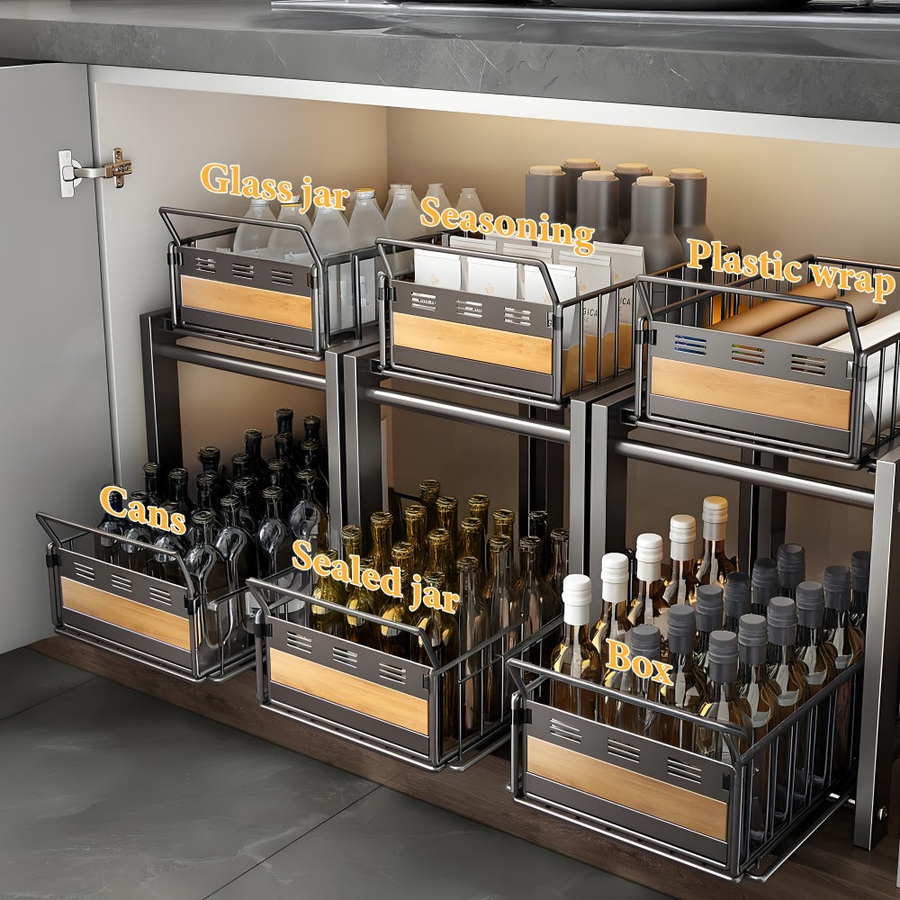 Under Sink Organizer Pull-Out Storage Rack - 2-Tier Carbon Steel Cabinet Shelf with Wire Baskets & Wood Accents, Space-Saving Kitchen Organizer for Dishes, Cleaning Supplies, Pantry, Bathroom