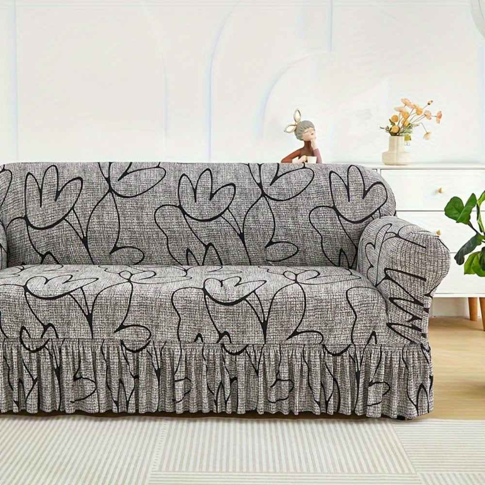 Printed Sofa Cover with Skirt Elastic Four Seasons Universal Furniture Protective Slipcover for Bedroom Office Living Room - 1 2 3 4 Seater Gray